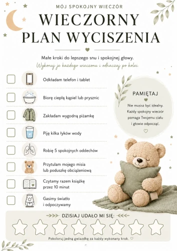 Wieczorny plan wyciszenia dziecka do wydruku PDF Malubaj