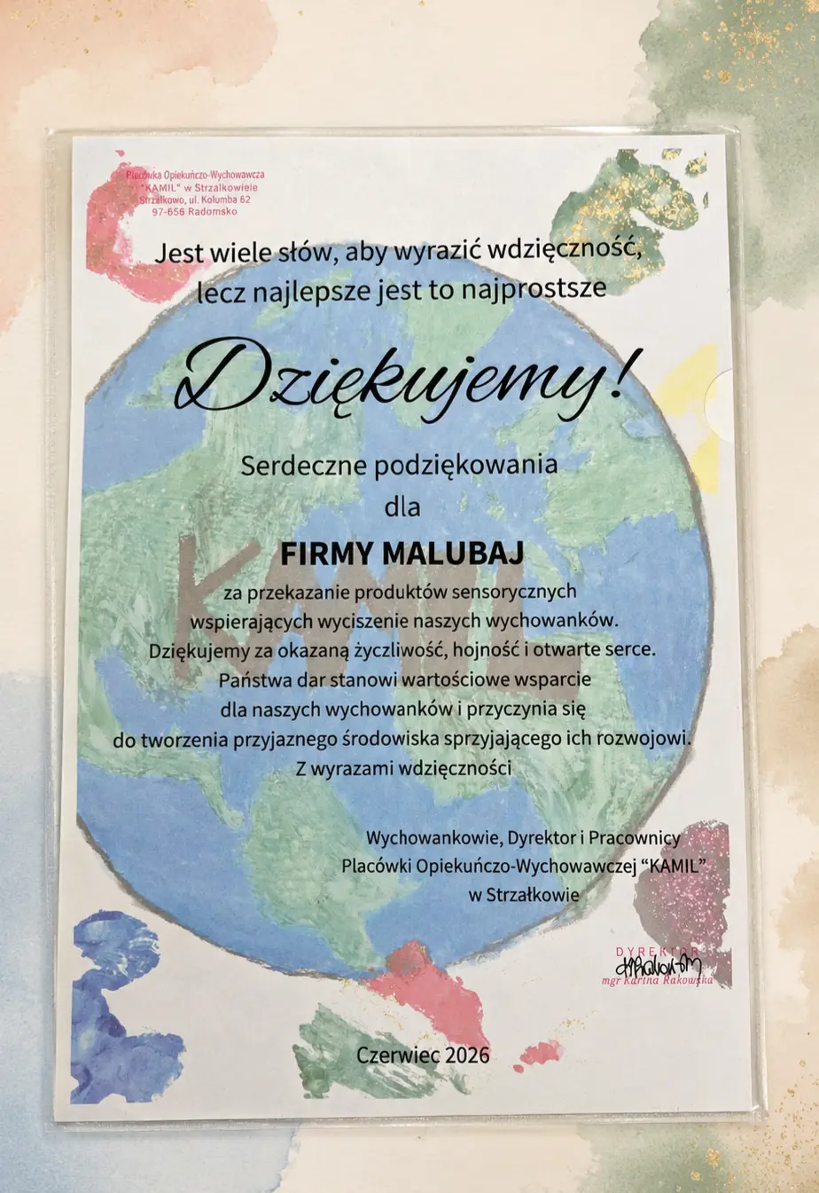 Podziękowanie dla Malubaj za wsparcie dzieci i produkty sensoryczne